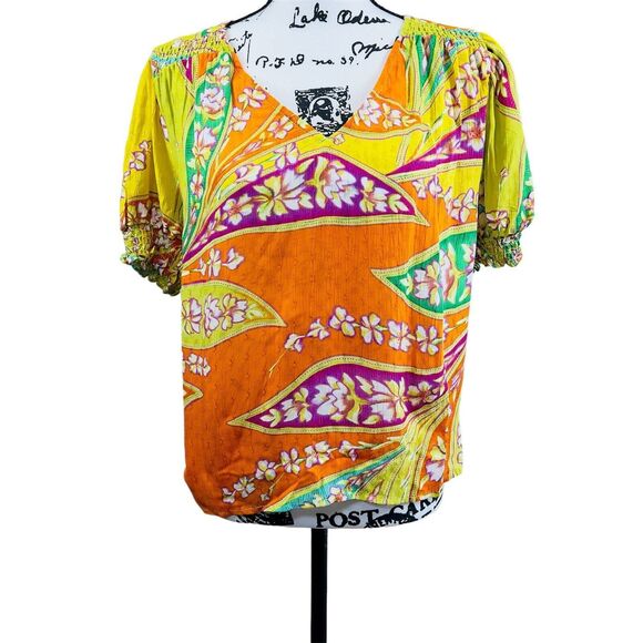 Haute Hippie multi floral blouse short sleeves and gather cuff size M boho - Picture 1 of 14